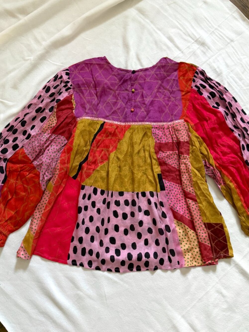 Bl^nk Anthropologie Miranda Eclectic Patchwork Polka Dot Peasant Top Petite L - Picture 15 of 16